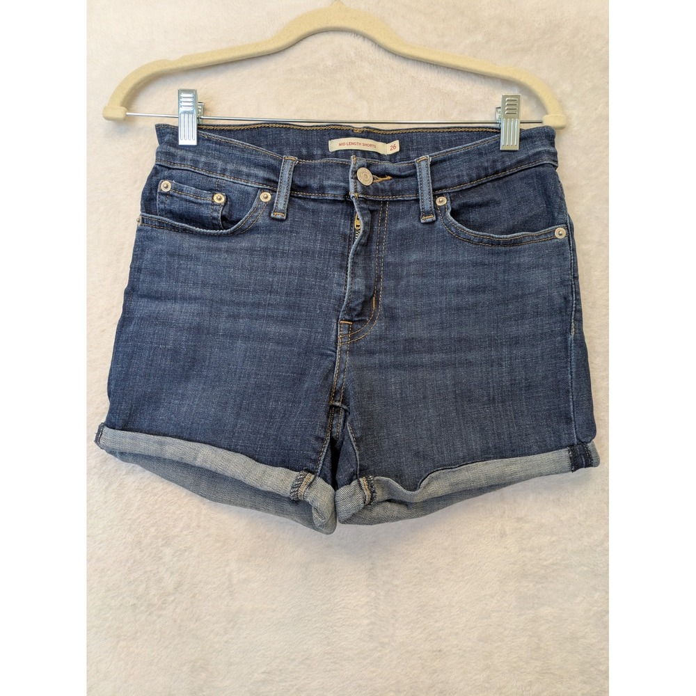 Levis Mid Length Denim Shorts Dark Wash‎ Cuffed Size 26 Blue Jean Shorts